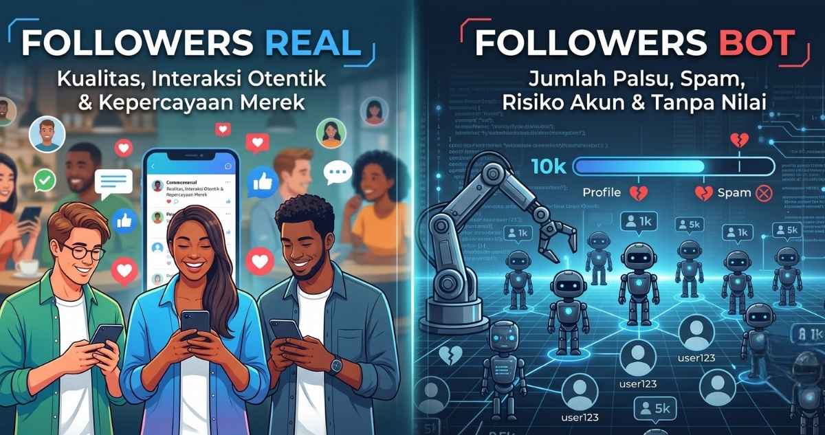 Perbedaan followers real dan followers bot untuk akun media sosial