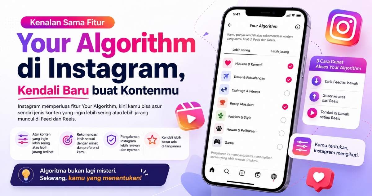 Ilustrasi fitur Your Algorithm Instagram untuk kontrol rekomendasi konten